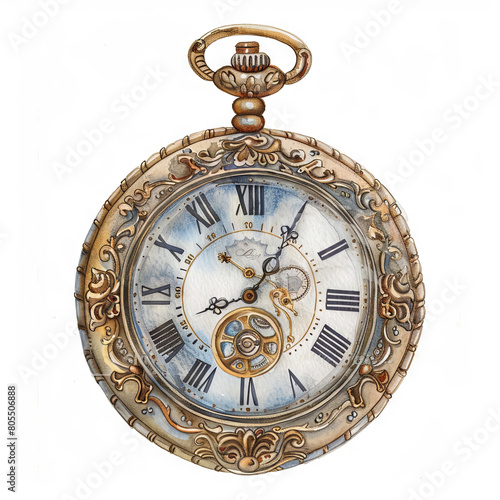 Ornate Pocket Watch in Watercolor A Timeless Treasure