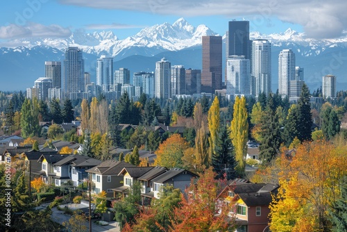 Snowy Peaks and Urban Skyscrapers of Bellevue in Aerial View - City
