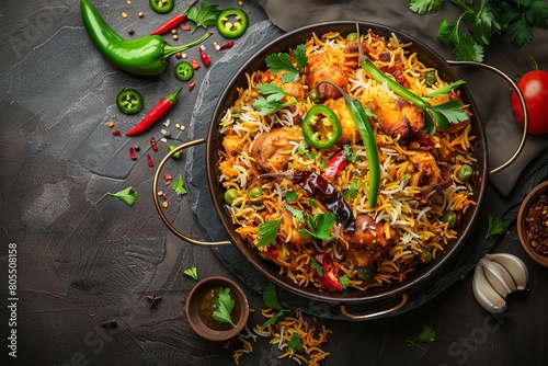 fiery biryani with vibrant green chilies on rustic slate indian food photography
