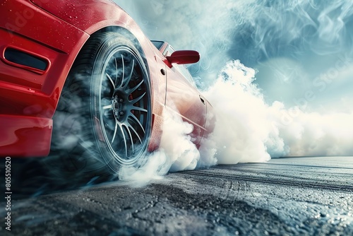 Red sport car wheel drifting and smoking