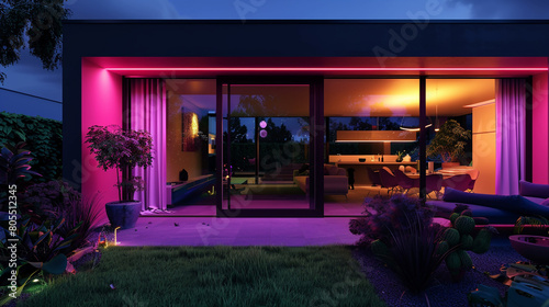 A boldly designed house with magenta highlights, its garden a spectacle of light at night. The inviting interior, seen through large sliding doors, 