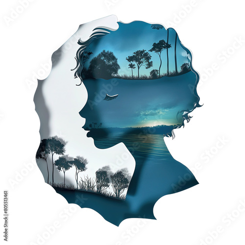 Kobieta stoi z profilu, jej głowa otoczona jest drzewami, a w tle widać spokojną taflę wody