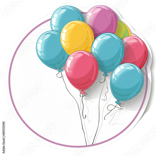 ** Widok na różnokolorowe balony unoszące się w powietrzu, z małymi dziećmi w tle. Balony są wypełnione helem i unoszą się swobodnie w powietrzu