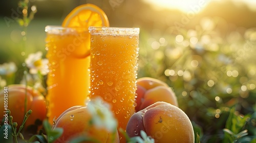 Frosty Apricot Juice, Soft Orange, Dew Drops on Glass, Blurred Background of a Sunny Field,