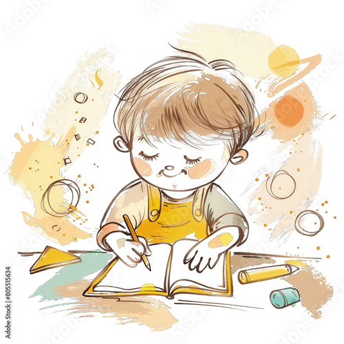 Mały chłopiec siedzi przy drewnianym stole i pisze w otwartej książce. Koncentruje się na swoim zadaniu, skupiony na nauce i pisaniu
