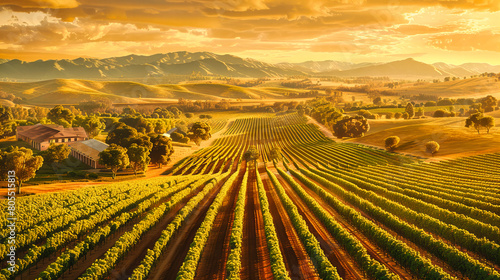 Vineyard at Sunset, Rows of Grapevines Stretching Across Hillside, Scenic Wine Country Landscape