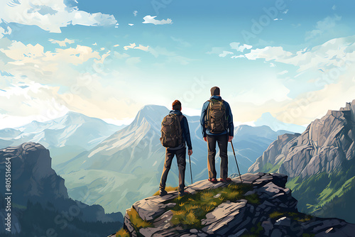 Back view of two hikers with backpacks standing on top of a mountain and looking at the sunset