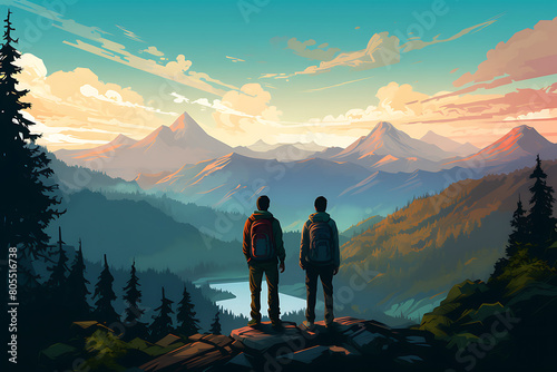 Back view of two hikers with backpacks standing on top of a mountain and looking at the sunset