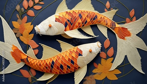 Twin koi fish circling in low poly style, with orange and white threads on a navy background