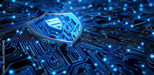 A blue background with circuit board patterns and an icon of the shield symbol for cyber security and data protection. The concept features a digital technology banner or wallpaper design in the style