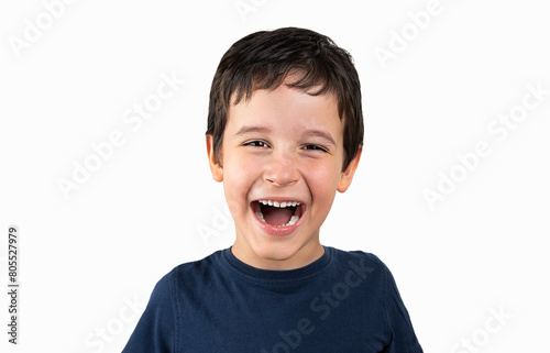 Dark haired little child wearing casual t-shirt standing over isolated white background with a happy and cool smile on face. Lucky person