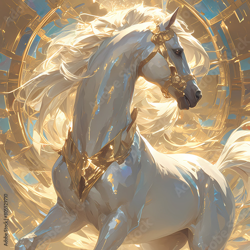 Majestic unicorn with cascading mane and tail set against a radiant golden background, evoking a sense of magical wonder.