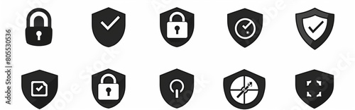 Set of security icons, black and white silhouette, simple vector illustration on flat background, modern design elements, shield with lock symbol, check mark icon for professional website or mobile ap