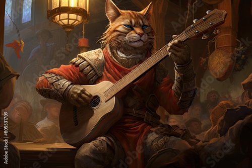 Heroic cat warrior playing guitar in fantasy tavern