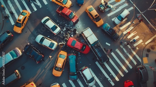 A car accident scene on a congested urban street, emphasizing the importance of defensive driving and road safety awareness.