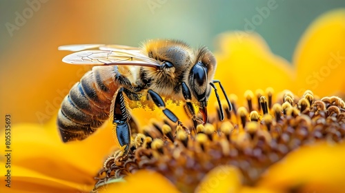 A close-up of a bee collecting pollen from a yellow flower in summer