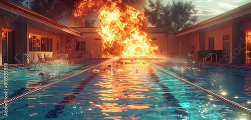 At a public swimming pool, a faulty pool heater catches fire, creating a scare among the swimmers, illustration stlye