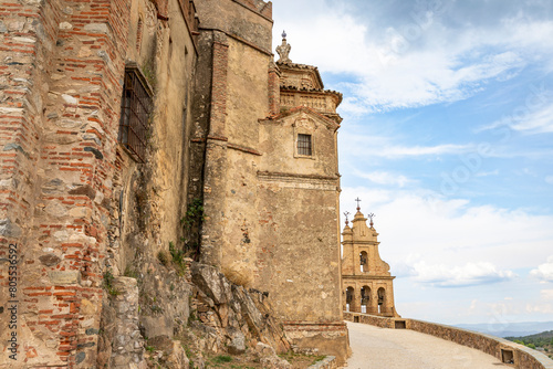 priory church with a view to the belfry and entry gate to the castle-fortress of Aracena, province of Huelva, Andalusia, Spain