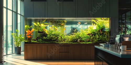 Elegant Office Aquarium: Enhancing Workplace Ambiance: Sophisticated and lush aquarium setup in an office, featuring thriving aquatic plants and tranquil fish, boosts workplace tranquility