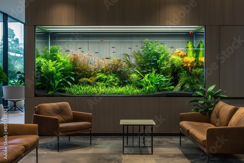 Tranquil Office Aquarium: A Touch of Nature: Vibrant, well-maintained aquascape in an office lounge, providing a natural and calming element for both employees and visitors