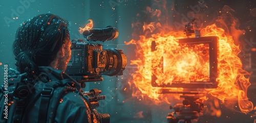 During a live news broadcast, a camera short circuits and bursts into flames, startling the news anchor, illustration stlye