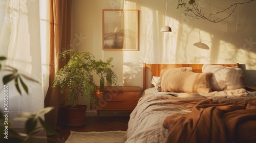 A cozy minimalist bedroom with warm wood accents, soft textiles, and a subdued color palette, creating a soothing atmosphere.