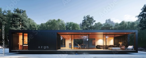 A minimalstic modern container weekend house. Eco-friendly living accommodation or holiday home