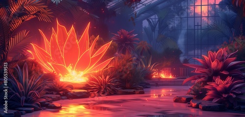 In a botanical garden, a lighting fixture malfunctions and sets a rare plant exhibit on fire, illustration stlye