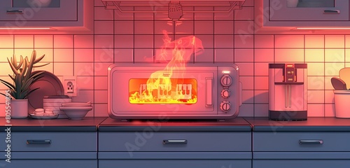 In a home kitchen, a toaster overheats and catches fire, setting off the smoke alarm, illustration stlye