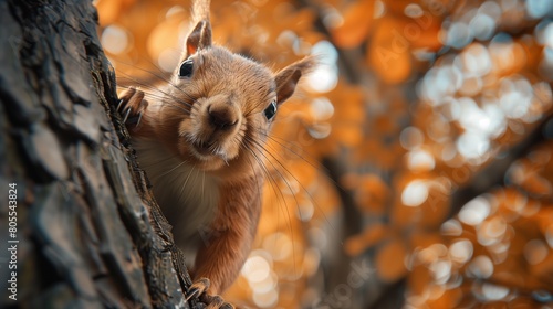 Curious Squirrel Peeking From a Tree, Autumn Backdrop, YouTube Thumbnail, Text Copy Space on Left,