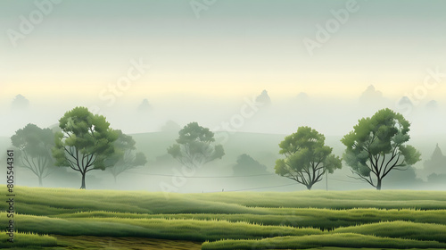 misty meadows, foggy fields with elm trees. field landscape. vector background