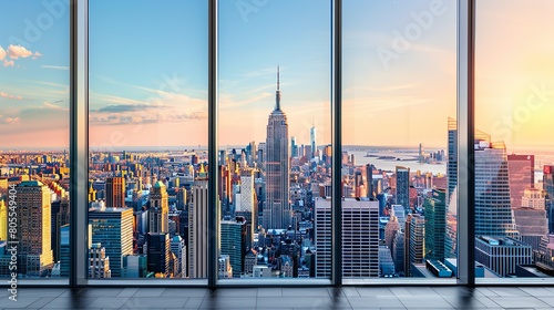 Panoramic Metropolis View from Sunlit Corporate Office, Empty Wide Room, Clear Windows