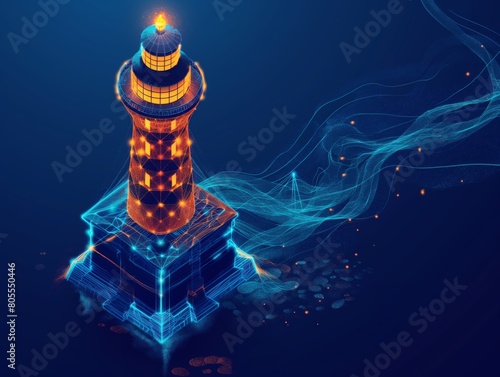 Neural lowpoly AI futuristic neon network of lighthouse