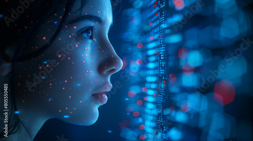 AI cyber security threat illustration female IT specialist analysing data information technology augmented reality artificial intelligence collage side profile blue light copy space