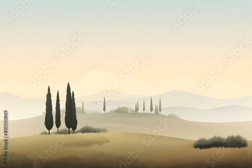 enshrouded pastures, foggy fields with cypress trees. field landscape. vector background