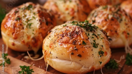 A mouthwatering close-up of a bread roll filled with creamy cheese and topped with herbs, offering a delightful burst of flavor in every bite.