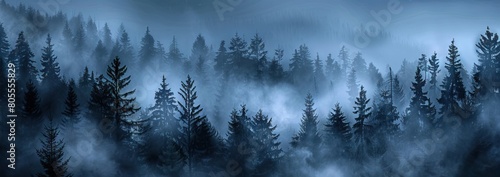 Misty landscape with fir forest in hipster vintage retro style. AI generated illustration