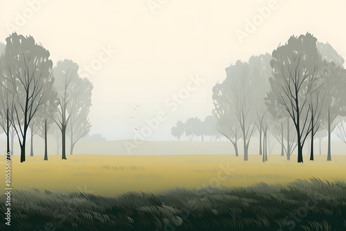 enshrouded pastures, foggy fields with poplar trees. field landscape. vector background