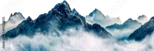 Misty blue mountain peaks under a white sky cut out on transparent background