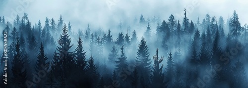 Misty landscape with fir forest in hipster vintage retro style. AI generated illustration