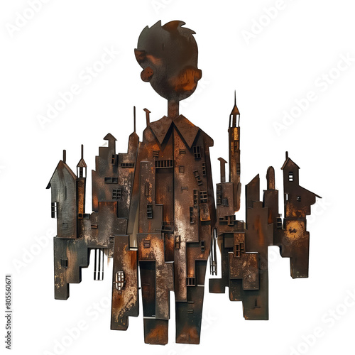 Metalowa rzeźba przedstawia mężczyznę stojącego obok budynków w tle. Detale rzeźby i architektura miejska są głównymi elementami obrazu