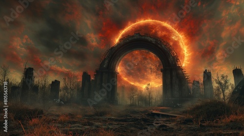 post apocalyptic landscape with a ancient gate and burning planet in the sky. 