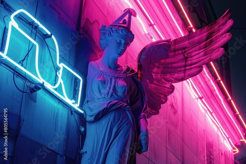 A statue of an angel with a neon sign in the background. Suitable for various design projects