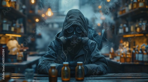 person in gas mask in the alchemist laboratory filled with smoke with different bottles on the shelves. 