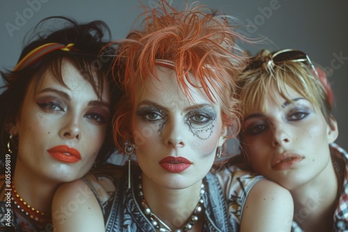 Female punk rock models showcasing elaborate makeup and hairstyles in a striking glam punk style