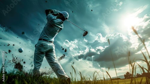 Man swinging a golf club on a cloudy day. Suitable for sports and outdoor activities concepts