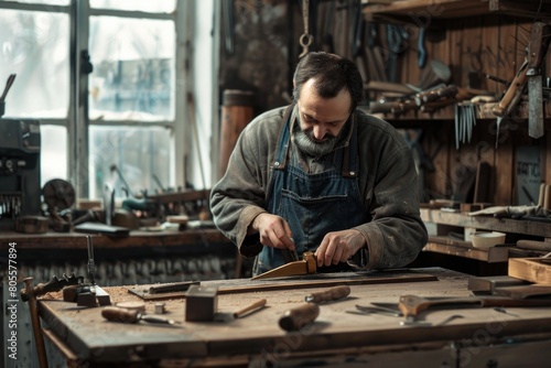 A man focused on woodworking in a workshop, suitable for crafts or DIY projects