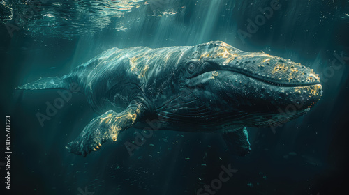 underwater scene depicting a Mosasaurus, a fearsome marine reptile from the late Cretaceous period, hunting and navigating through the depths of an ancient ocean teeming with diverse aquatic life