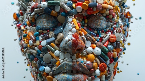 A head made of colorful pills and voids filled with various dollop-like rough oval, rectangular or round shapes. A spoonful is placed on the right side of his face, and some colorful pills scattered a