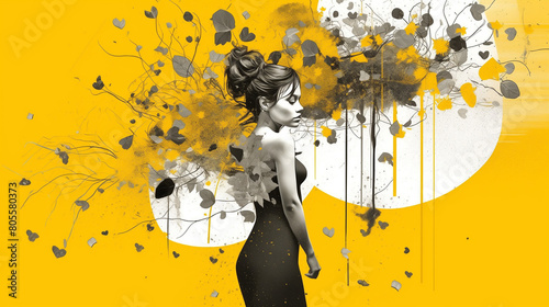 Fashionable Woman in Black Dress Amidst Movement: Yellow Background with Dynamic Paint Splatters